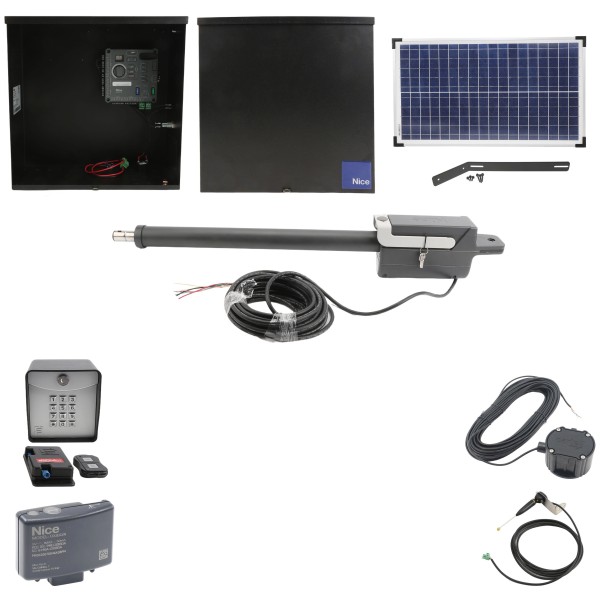 Nice Apollo310APOLLODUAL-FULLPACKAGE-30S Swing Gate Opener Package W/ Wireless Keypad, Exit Wand, 30 W Solar Panel & Linear Actuators