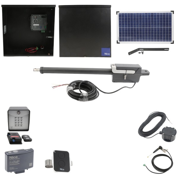 Nice Apollo310APOLLODUAL-FULLPACKAGE-30S Swing Gate Opener Package W/ Wireless Keypad, Exit Wand, 30 W Solar Panel & Linear Actuators
