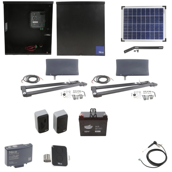 Nice Apollo Vanguard 3501 Dual Arm Swing Gate Opener Package with 310 Control Board, 20W Solar Panel, and 35 Ah Battery