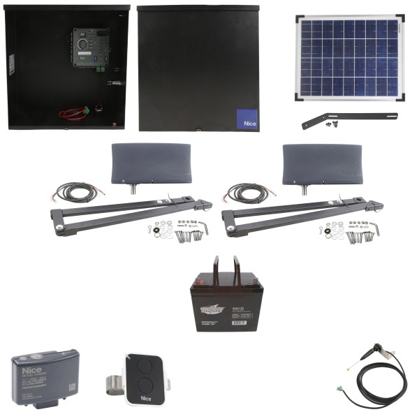 Nice Apollo Vanguard Heavy-Duty 3600 Dual Arm Swing Gate Opener Package with 310 Control Board, 20W Solar Panel, and 75 Ah Battery