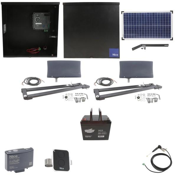 Nice Apollo Vanguard 3501 Dual Arm Swing Gate Opener Package with 310 Control Board, 30W Solar Panel, and 75 Ah Battery
