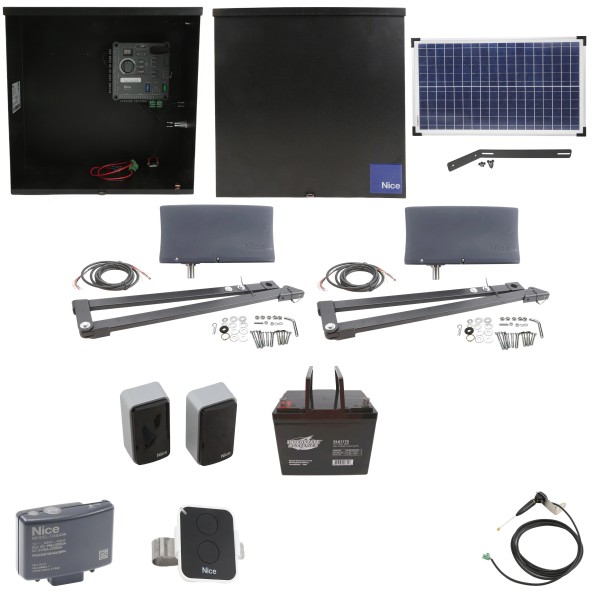 Nice Apollo Vanguard 3501 Dual Arm Swing Gate Opener Package with 310 Control Board, 30W Solar Panel, and 75 Ah Battery