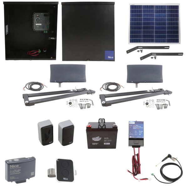 Nice Apollo Vanguard 3501 Dual Arm Swing Gate Opener Package with 310 Control Board, 50W Solar Panel, and 35 Ah Battery