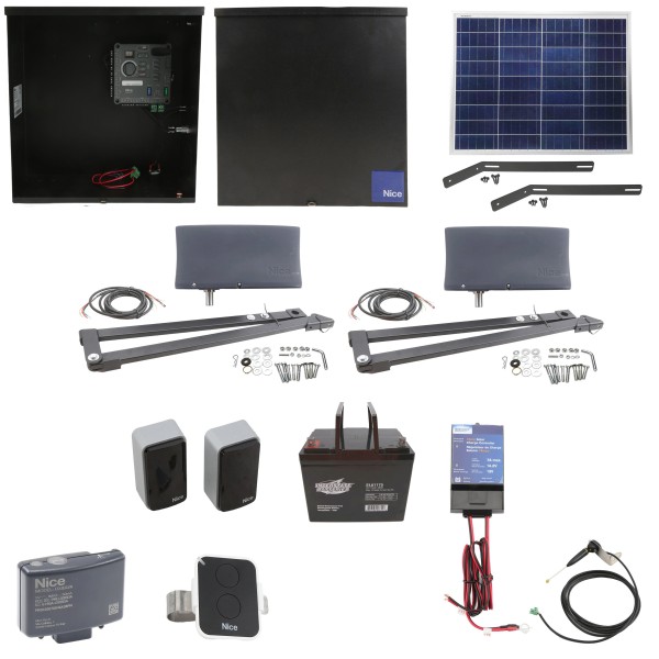 Nice Apollo Vanguard 3501 Dual Arm Swing Gate Opener Package with 310 Control Board, 50W Solar Panel, and 75 Ah Battery