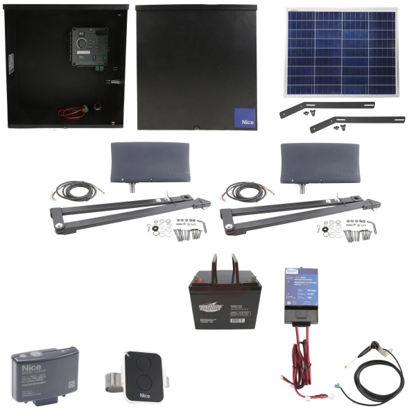Nice Apollo Vanguard Heavy-Duty 3600 Dual Arm Swing Gate Opener Package with 310 Control Board, 50W Solar Panel, and 75 Ah Battery