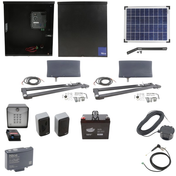 Nice Apollo Vanguard 3501 Dual Arm Swing Gate Opener Complete Package with 310 Control Board, 20W Solar Panel, and 35 Ah Battery