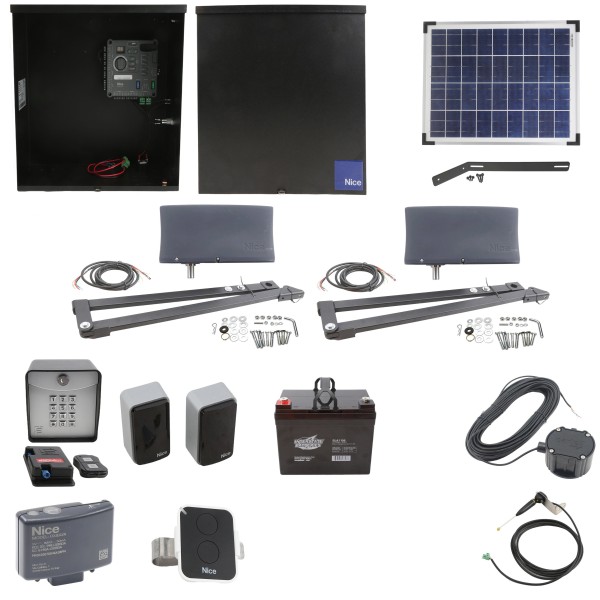 Nice Apollo Vanguard 3501 Dual Arm Swing Gate Opener Complete Package with 310 Control Board, 20W Solar Panel, and 35 Ah Battery