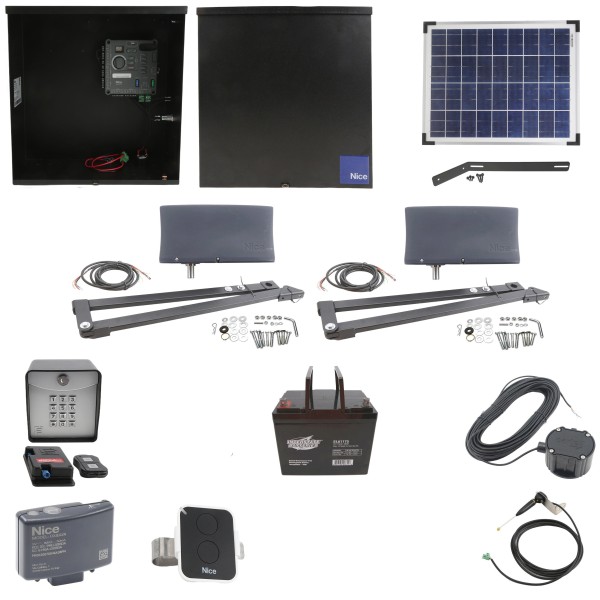 Nice Apollo Vanguard 3600 Dual Arm Swing Gate Opener Complete Package with 310 Control Board, 20W Solar Panel, and 75 Ah Battery
