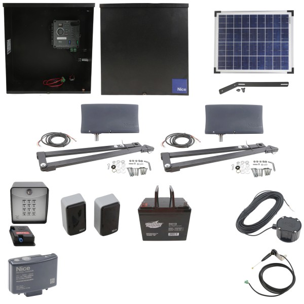 Nice Apollo Vanguard 3501 Dual Arm Swing Gate Opener Complete Package with 310 Control Board, 20W Solar Panel, and 75 Ah Battery
