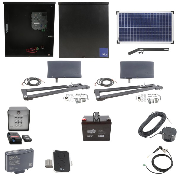 Nice Apollo Vanguard 3600 Dual Arm Swing Gate Opener Complete Package with 310 Control Board, 30W Solar Panel, and 35 Ah Battery