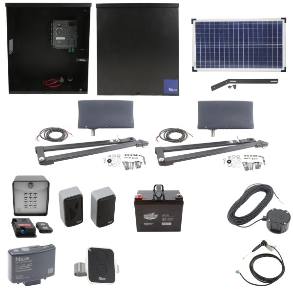 Nice Apollo Vanguard 3501 Dual Arm Swing Gate Opener Complete Package with 310 Control Board, 30W Solar Panel, and 35 Ah Battery