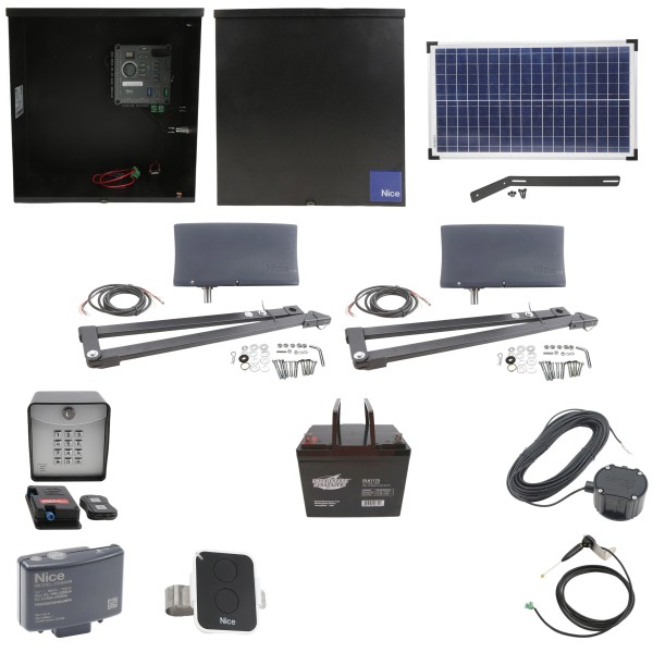 Nice Apollo Vanguard 3600 Dual Arm Swing Gate Opener Complete Package with 310 Control Board, 30W Solar Panel, and 75 Ah Battery