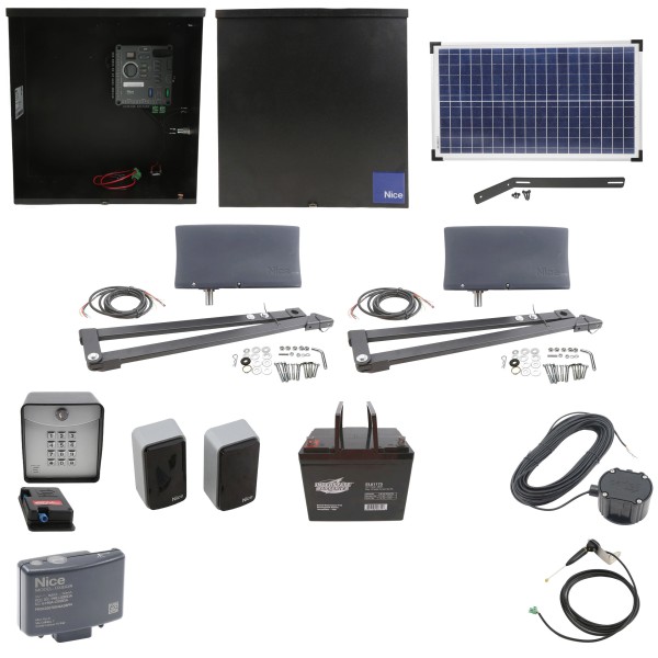 Nice Apollo Vanguard 3501 Dual Arm Swing Gate Opener Complete Package with 310 Control Board, 30W Solar Panel, and 75 Ah Battery