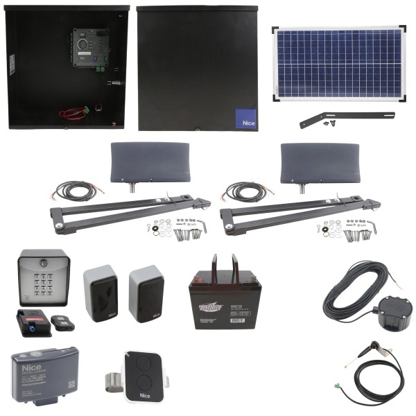 Nice Apollo Vanguard 3501 Dual Arm Swing Gate Opener Complete Package with 310 Control Board, 30W Solar Panel, and 75 Ah Battery