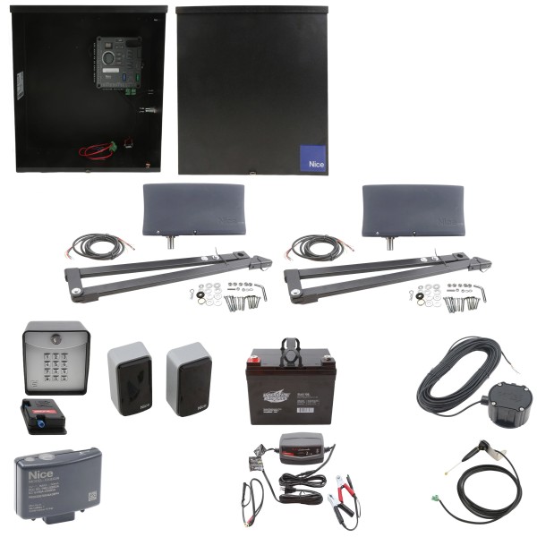 Nice Apollo Vanguard 3501 Dual Arm Swing Gate Opener Complete Package with 310 Control Board and 35 Ah Battery