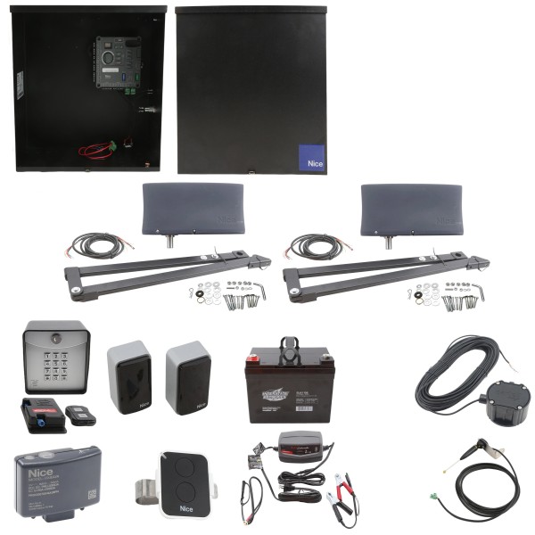 Nice Apollo Vanguard 3501 Dual Arm Swing Gate Opener Complete Package with 310 Control Board and 35 Ah Battery