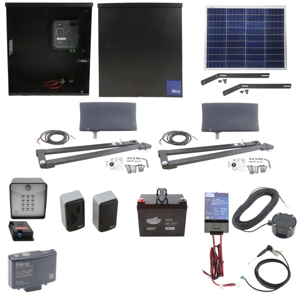 Nice Apollo Vanguard 3501 Dual Arm Swing Gate Opener Complete Package with 310 Control Board, 50W Solar Panel, and 35 Ah Battery