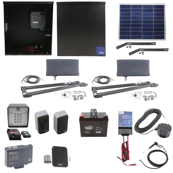 Nice Apollo Vanguard 3501 Dual Arm Swing Gate Opener Complete Package with 310 Control Board, 50W Solar Panel, and 35 Ah Battery