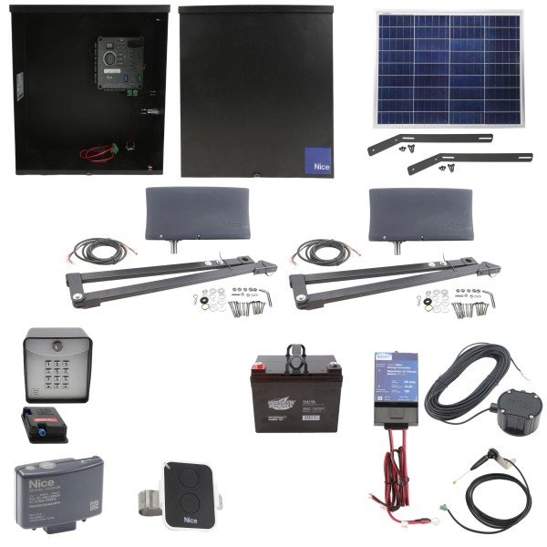Nice Apollo Vanguard Heavy-Duty 3600 Dual Arm Swing Gate Opener Complete Package with 310 Control Board, 50W Solar Panel, and 35 Ah Battery