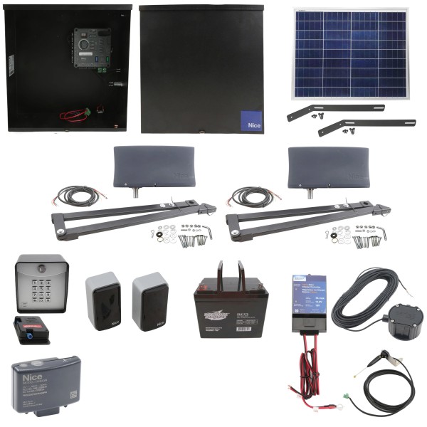 Nice Apollo Vanguard 3501 Dual Arm Swing Gate Opener Complete Package with 310 Control Board, 50W Solar Panel, and 75 Ah Battery