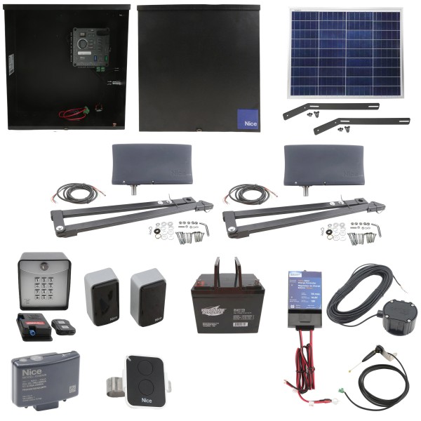 Nice Apollo Vanguard 3501 Dual Arm Swing Gate Opener Complete Package with 310 Control Board, 50W Solar Panel, and 75 Ah Battery