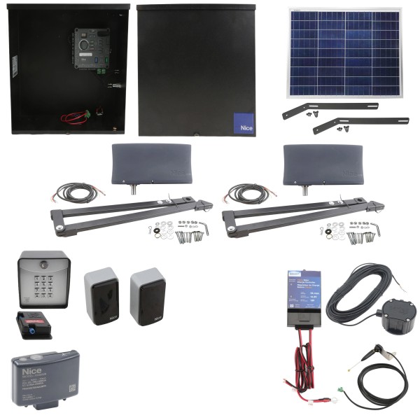 Nice Apollo Vanguard 3601 Dual 50W Solar Swing Gate Opener Full Package w/ 1050 Control Board, Photo Eye, Keypad, & Exit System