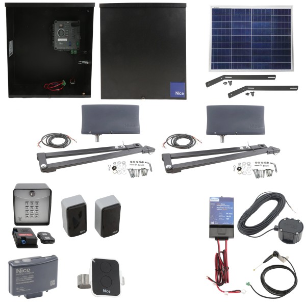 Nice Apollo Vanguard 3601 Dual 50W Solar Swing Gate Opener Full Package w/ 1050 Control Board, Photo Eye, Keypad, & Exit System