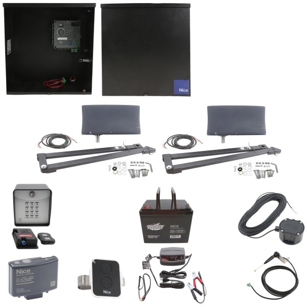 Nice Apollo Vanguard 3600 Dual Arm Swing Gate Opener Complete Package with 310 Control Board and 75 Ah Battery