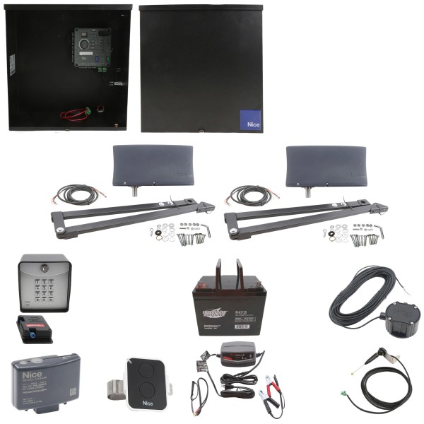 Nice Apollo Vanguard Heavy-Duty 3600 Dual Arm Swing Gate Opener Complete Package with 310 Control Board and 75 Ah Battery