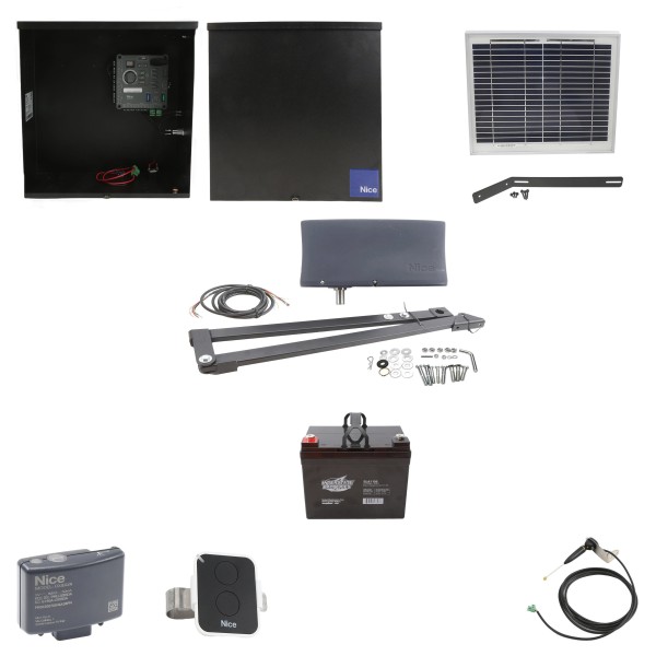 Nice Apollo Vanguard 3501 Single Arm Swing Gate Opener Package with 310 Control Board, 10W Solar Panel, and 35 Ah Battery