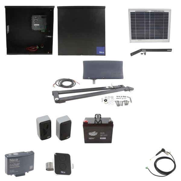 Nice Apollo Vanguard 3501 Single Arm Swing Gate Opener Package with 310 Control Board, 10W Solar Panel, and 35 Ah Battery