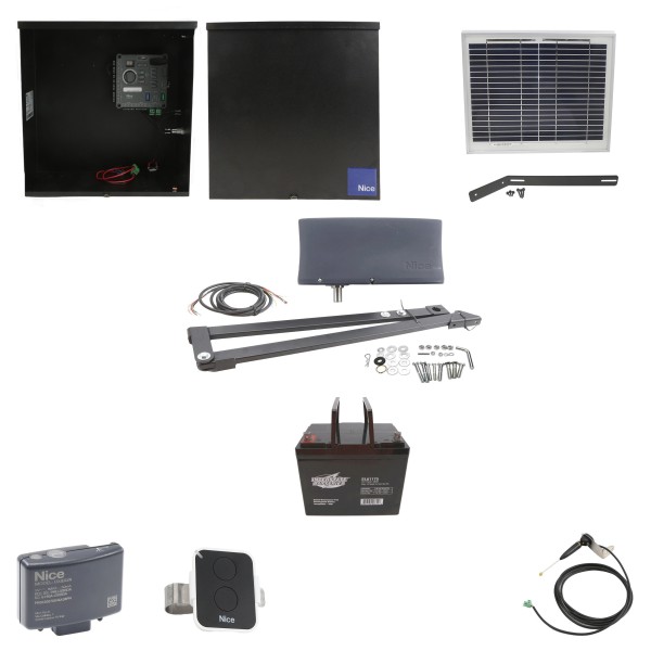 Nice Apollo Vanguard 3501 Single Arm Swing Gate Opener Package with 310 Control Board, 10W Solar Panel, and 75 Ah Battery