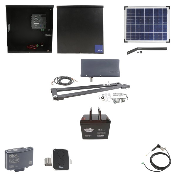 Nice Apollo Vanguard 3501 Single Arm Swing Gate Opener Package with 310 Control Board, 20W Solar Panel, and 75 Ah Battery