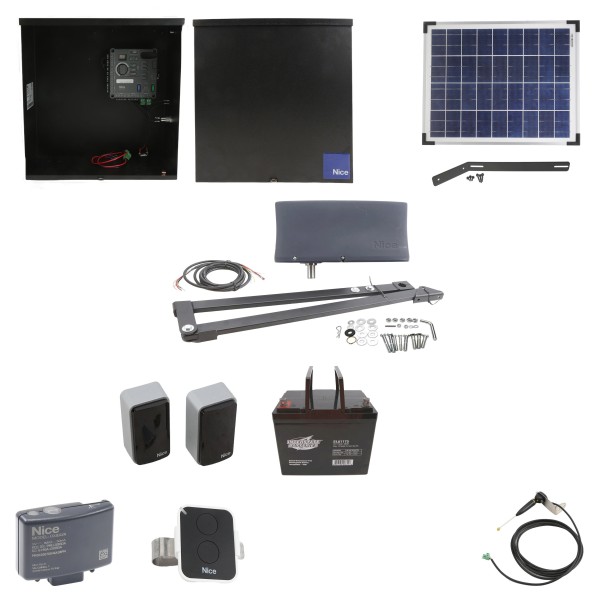 Nice Apollo Vanguard 3501 Single Arm Swing Gate Opener Package with 310 Control Board, 20W Solar Panel, and 75 Ah Battery