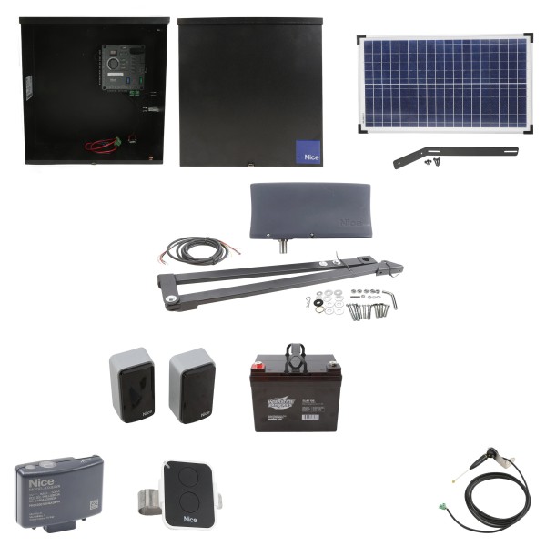 Nice Apollo Vanguard 3501 Single Arm Swing Gate Opener Package with 310 Control Board, 30W Solar Panel, and 35 Ah Battery