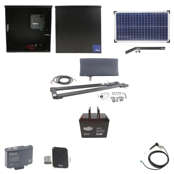 Nice Apollo Vanguard 3501 Single Arm Swing Gate Opener Package with 310 Control Board, 30W Solar Panel, and 75 Ah Battery