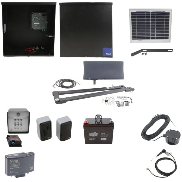 Nice Apollo Vanguard 3501 Single Arm Swing Gate Opener Complete Package with 310 Control Board, 10W Solar Panel, and 35 Ah Battery