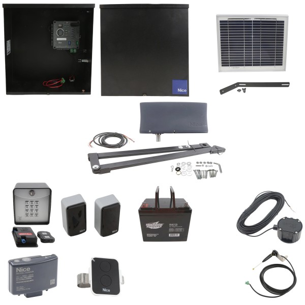 Nice Apollo Vanguard 3501 Single Arm Swing Gate Opener Complete Package with 310 Control Board, 10W Solar Panel, and 75 Ah Battery