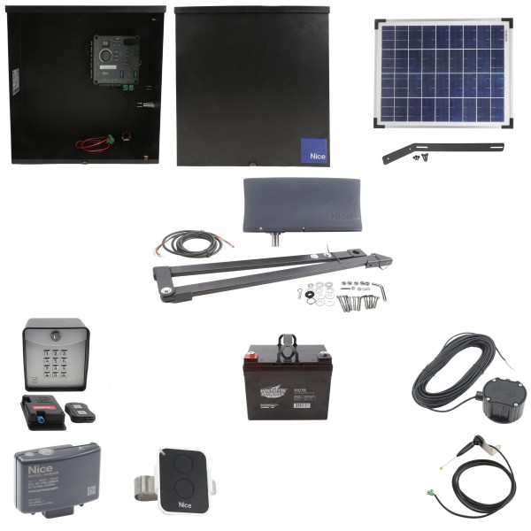 Nice Apollo Vanguard 3501 Single Arm Swing Gate Opener Complete Package with 310 Control Board, 20W Solar Panel, and 35 Ah Battery