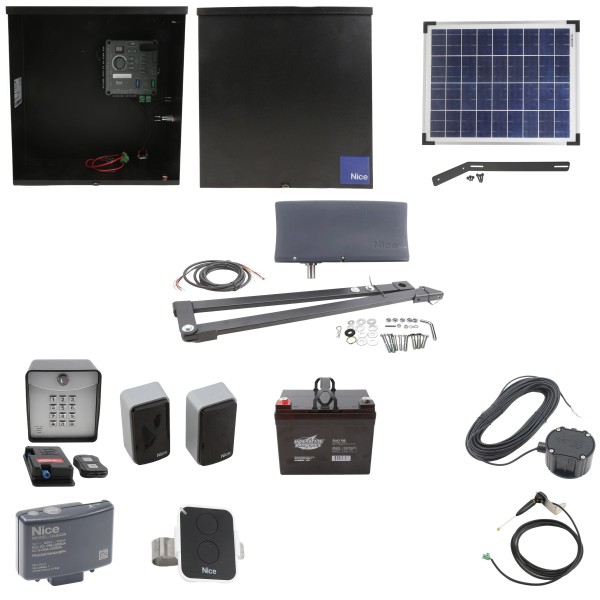 Nice Apollo Vanguard 3501 Single Arm Swing Gate Opener Complete Package with 310 Control Board, 20W Solar Panel, and 35 Ah Battery