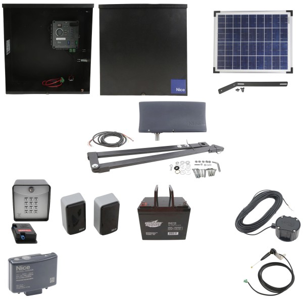 Nice Apollo Vanguard 3501 Single Arm Swing Gate Opener Complete Package with 310 Control Board, 20W Solar Panel, and 75 Ah Battery