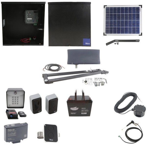 Nice Apollo Vanguard 3501 Single Arm Swing Gate Opener Complete Package with 310 Control Board, 20W Solar Panel, and 75 Ah Battery
