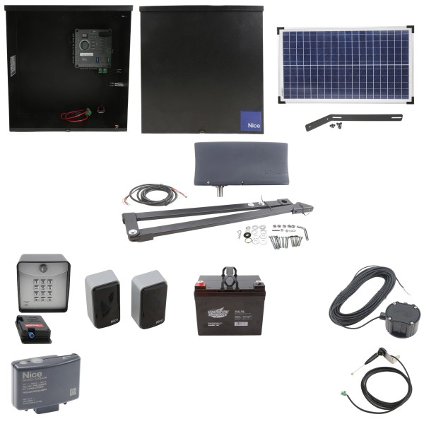 Nice Apollo Vanguard 3501 Single Arm Swing Gate Opener Complete Package with 310 Control Board, 30W Solar Panel, and 35 Ah Battery