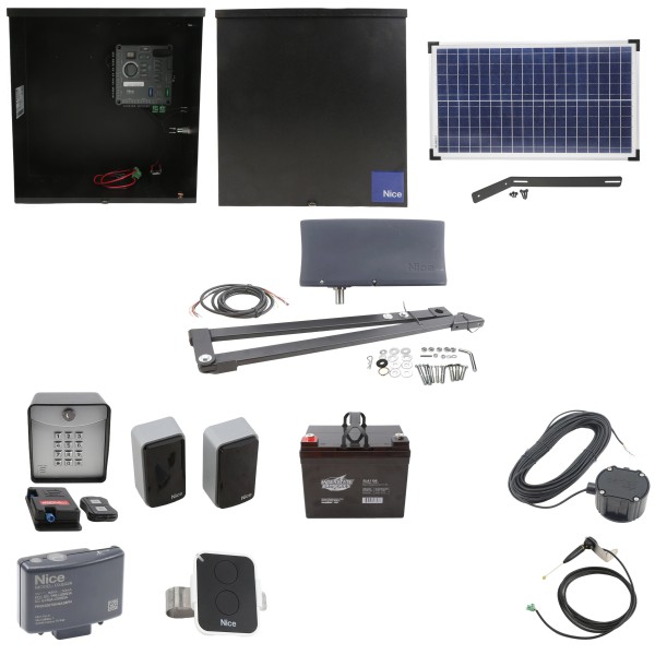 Nice Apollo Vanguard 3501 Single Arm Swing Gate Opener Complete Package with 310 Control Board, 30W Solar Panel, and 35 Ah Battery