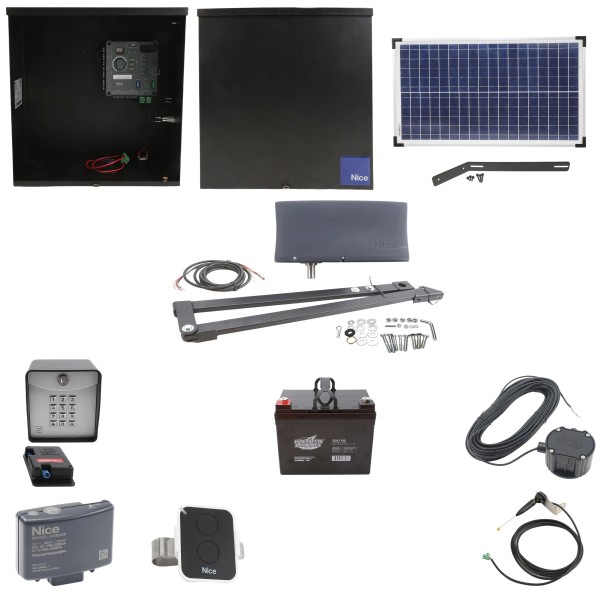 Nice Apollo Vanguard Heavy-Duty 3501 Single Arm Swing Gate Opener Complete Package with 310 Control Board, 30W Solar Panel, and 35 Ah Battery