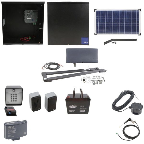 Nice Apollo Vanguard 3501 Single Arm Swing Gate Opener Complete Package with 310 Control Board, 30W Solar Panel, and 75 Ah Battery