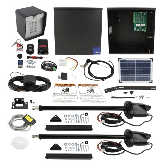 Nice Apollo 1600 Dual Swing Gate Opener Solar Package w/ 10 Watt Solar Panel and Entry/Exit Controls