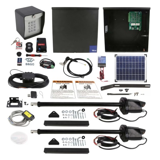 Nice Apollo 1600 Dual Swing Gate Opener Solar Package w/ 20 Watt Solar Panel and Entry/Exit Controls