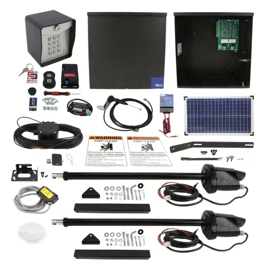 Nice Apollo 1600 Dual Swing Gate Opener Solar Package w/ 30 Watt Solar Panel and Entry/Exit Controls
