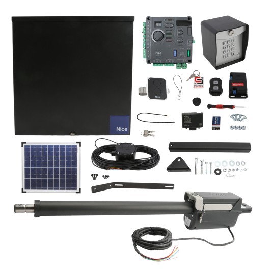 Nice Apollo 310APOLLODUAL-FULLPACKAGE-20S Swing Gate Opener Package W/ Wireless Keypad, Exit Wand, 20 W Solar Panel & Linear Actuators